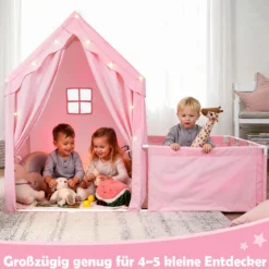 2 in 1 Kinderzelt & Laufgitter mit Lichterkette & Abwaschbarer Matte Kinder Spielhaus Spielzelt Rosa