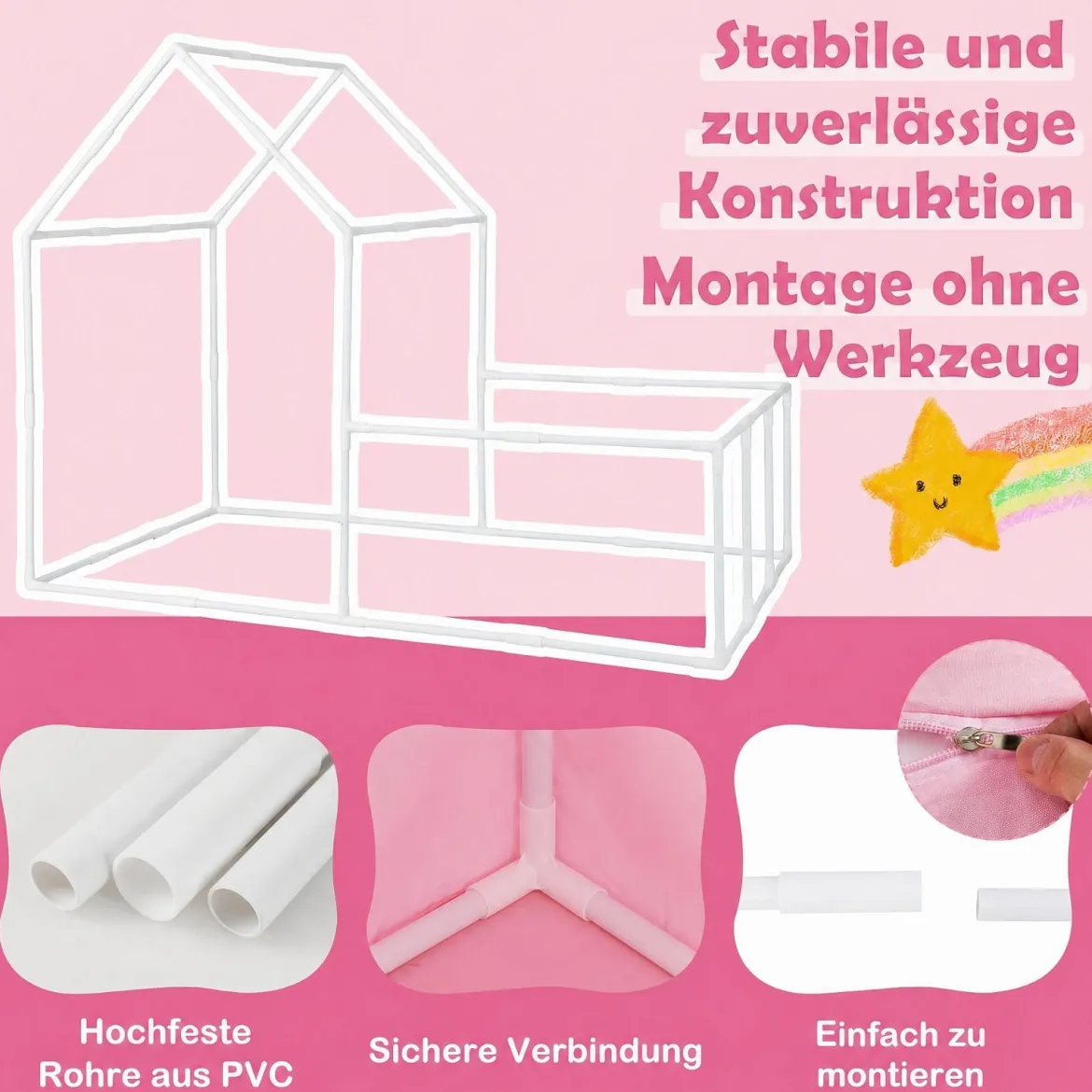 2 in 1 Kinderzelt & Laufgitter mit Lichterkette & Abwaschbarer Matte Kinder Spielhaus Spielzelt Rosa