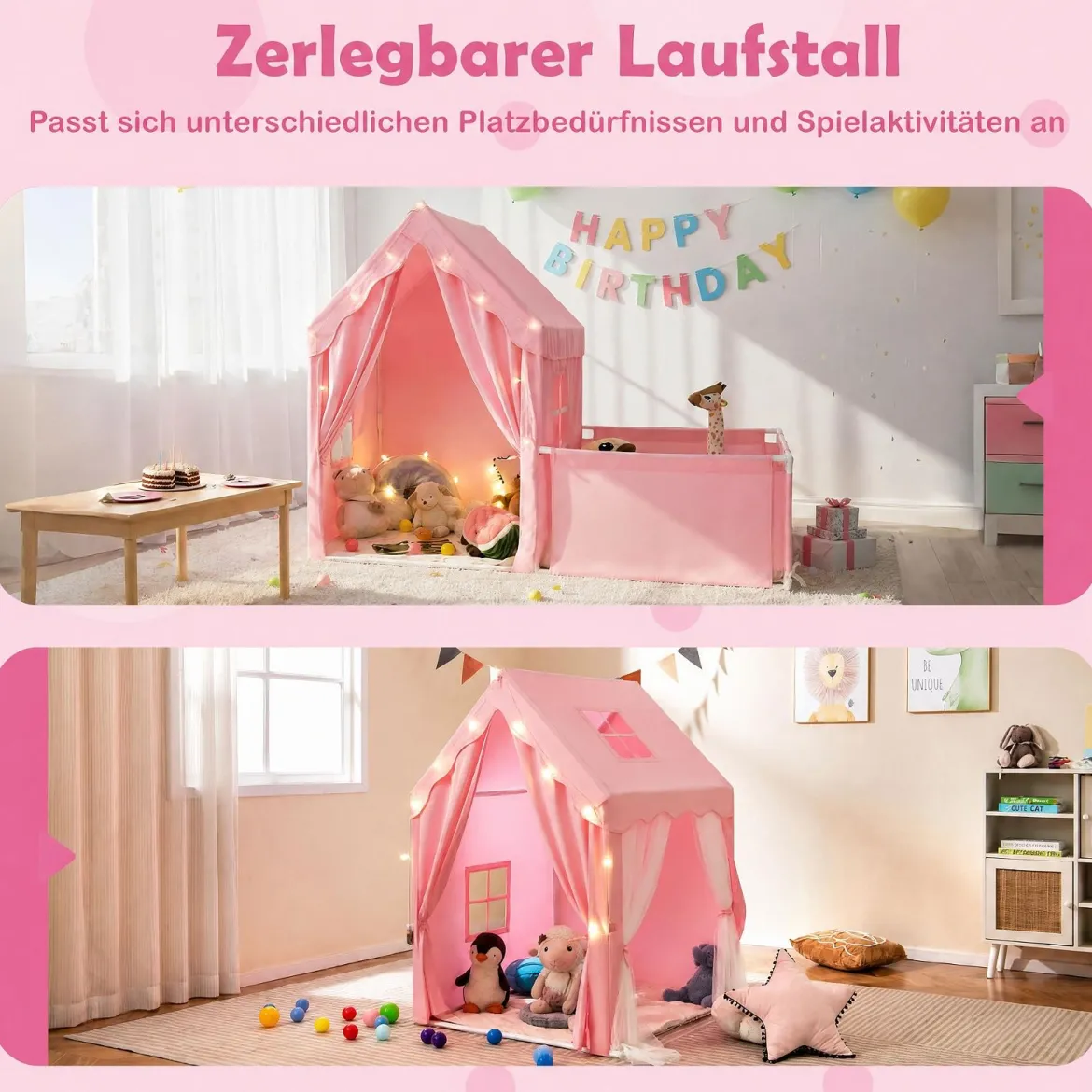2 in 1 Kinderzelt & Laufgitter mit Lichterkette & Abwaschbarer Matte Kinder Spielhaus Spielzelt Rosa