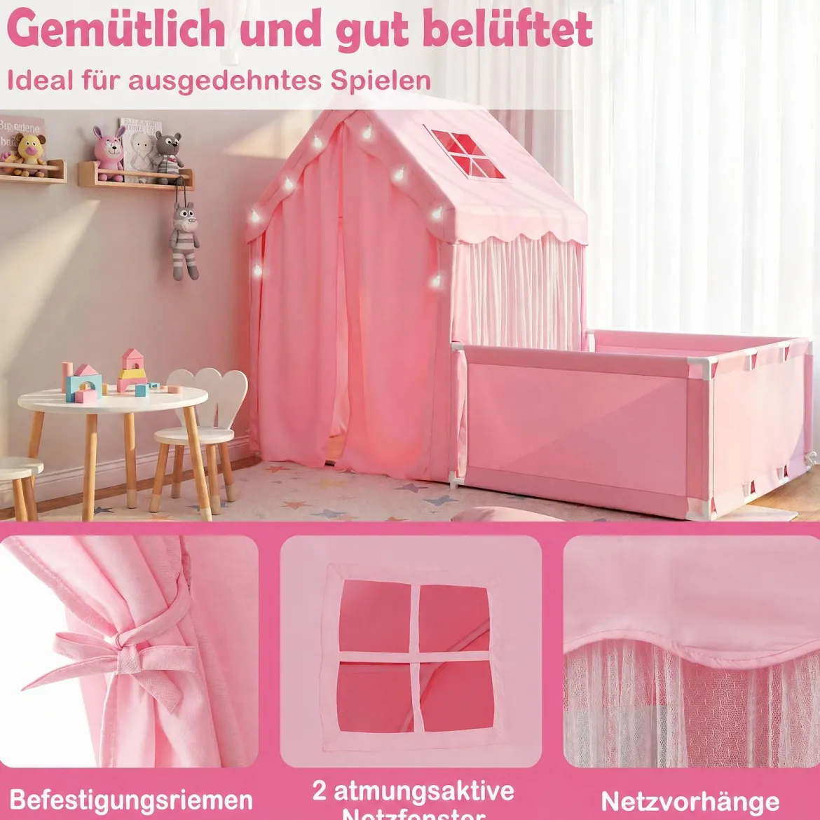 2 in 1 Kinderzelt & Laufgitter mit Lichterkette & Abwaschbarer Matte Kinder Spielhaus Spielzelt Rosa