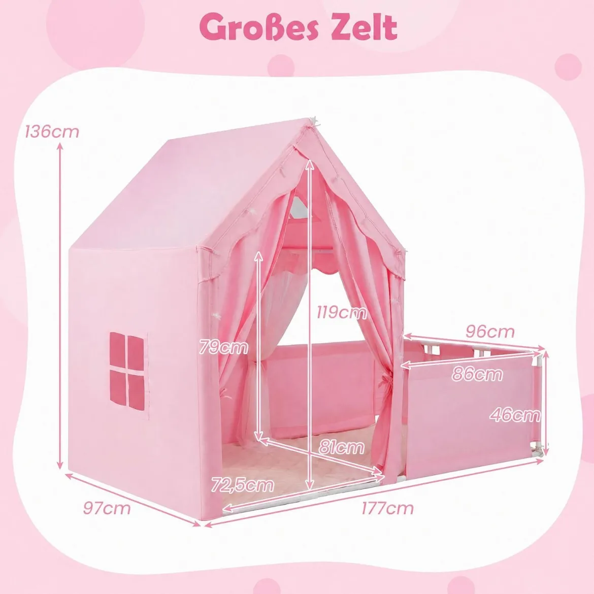 2 in 1 Kinderzelt & Laufgitter mit Lichterkette & Abwaschbarer Matte Kinder Spielhaus Spielzelt Rosa