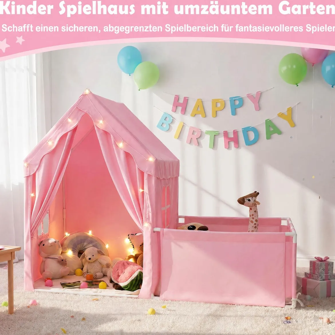 2 in 1 Kinderzelt & Laufgitter mit Lichterkette & Abwaschbarer Matte Kinder Spielhaus Spielzelt Rosa