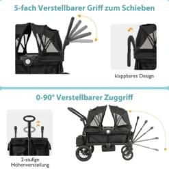 2 in 1 Klappbare Geschwisterwagen mit Verstellbarem Griff & Abnehmbarem Verdeck Schwarz