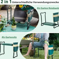 2 in 1 Klappbare Kniebank für Gartenarbeit mit EVE-Polster & 1 Werkzeugtasche Gartenhocker Grün