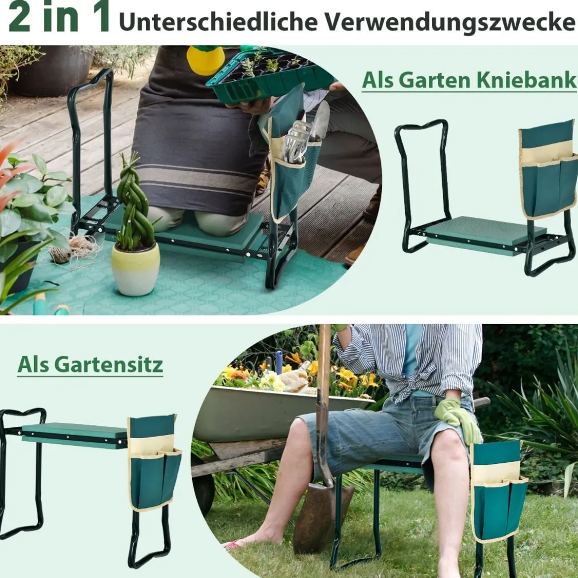 2 in 1 Klappbare Kniebank für Gartenarbeit mit EVE-Polster & 1 Werkzeugtasche Gartenhocker Grün