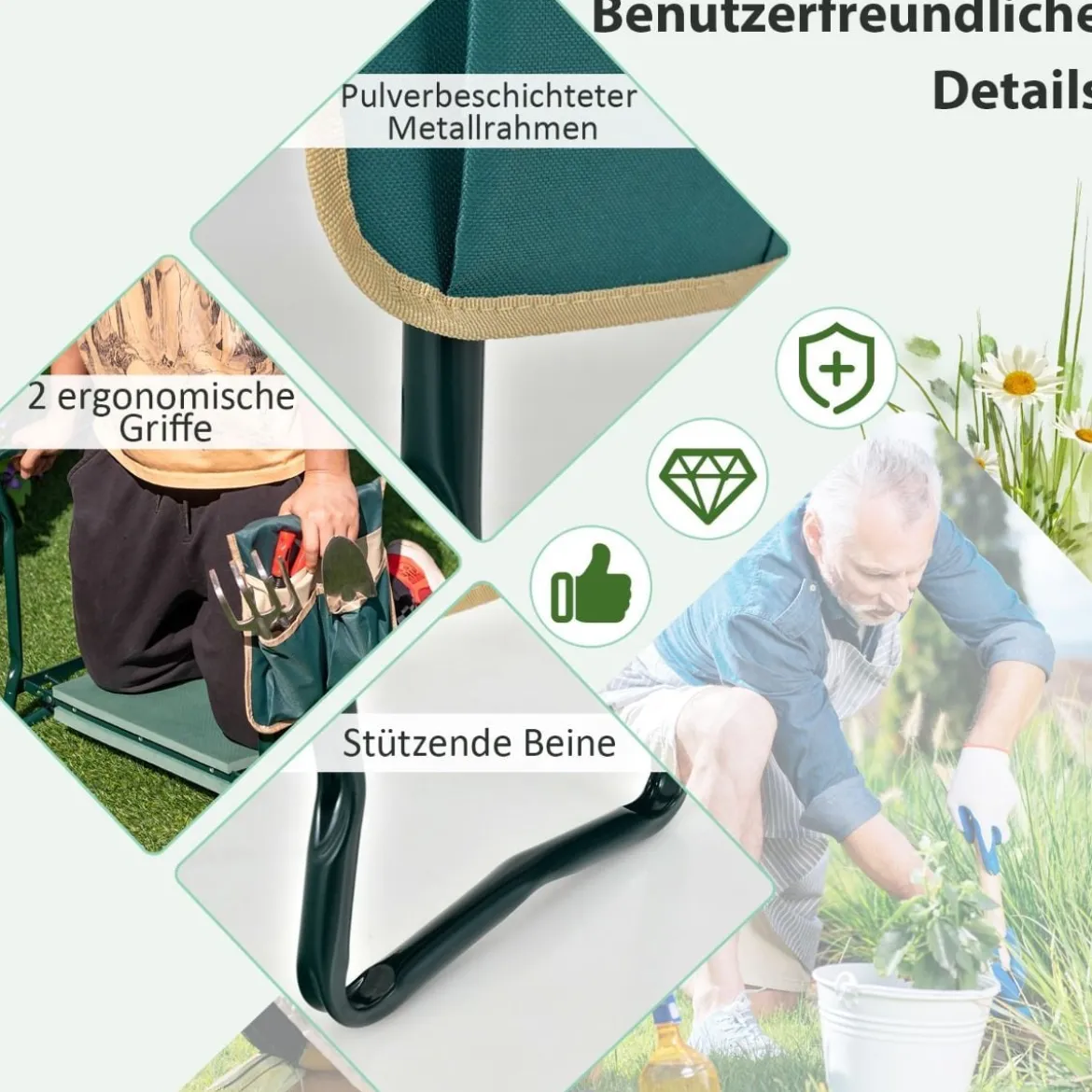 2 in 1 Klappbare Kniebank für Gartenarbeit mit EVE-Polster & 1 Werkzeugtasche Gartenhocker Grün