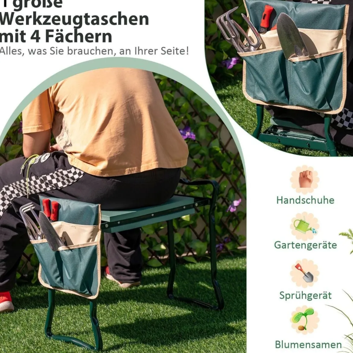 2 in 1 Klappbare Kniebank für Gartenarbeit mit EVE-Polster & 1 Werkzeugtasche Gartenhocker Grün
