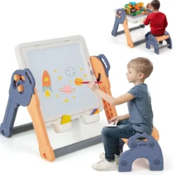 6 in 1 Klappbarer Kindertisch mit Stuhl & Staffelei Spieltisch mit Doppelseitiger & Abnehmbarer Tischplatte