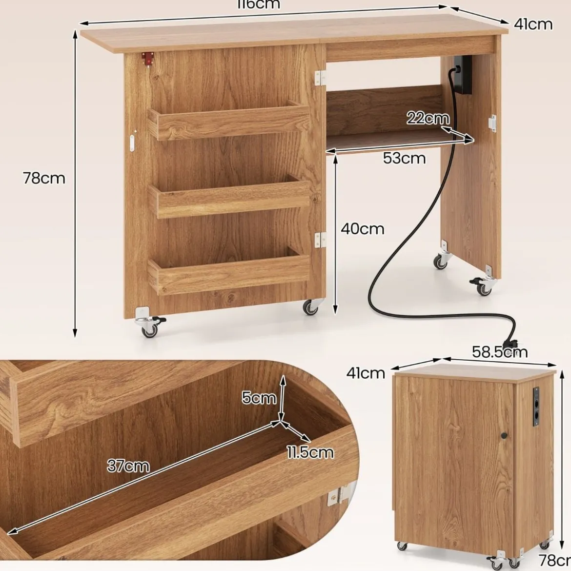 2 in 1 Klappbarer Nähtisch mit Ladestation & Regalen Nähmaschinenschrank Nähschrank Natur