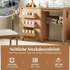 2 in 1 Klappbarer Nähtisch mit Ladestation & Regalen Nähmaschinenschrank Nähschrank Natur