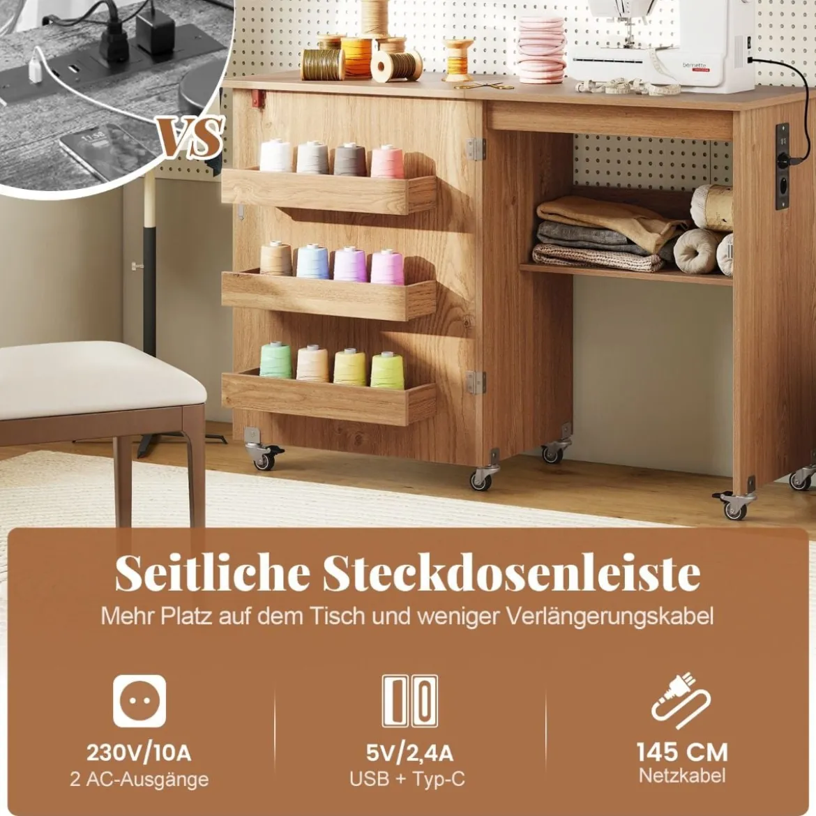 2 in 1 Klappbarer Nähtisch mit Ladestation & Regalen Nähmaschinenschrank Nähschrank Natur