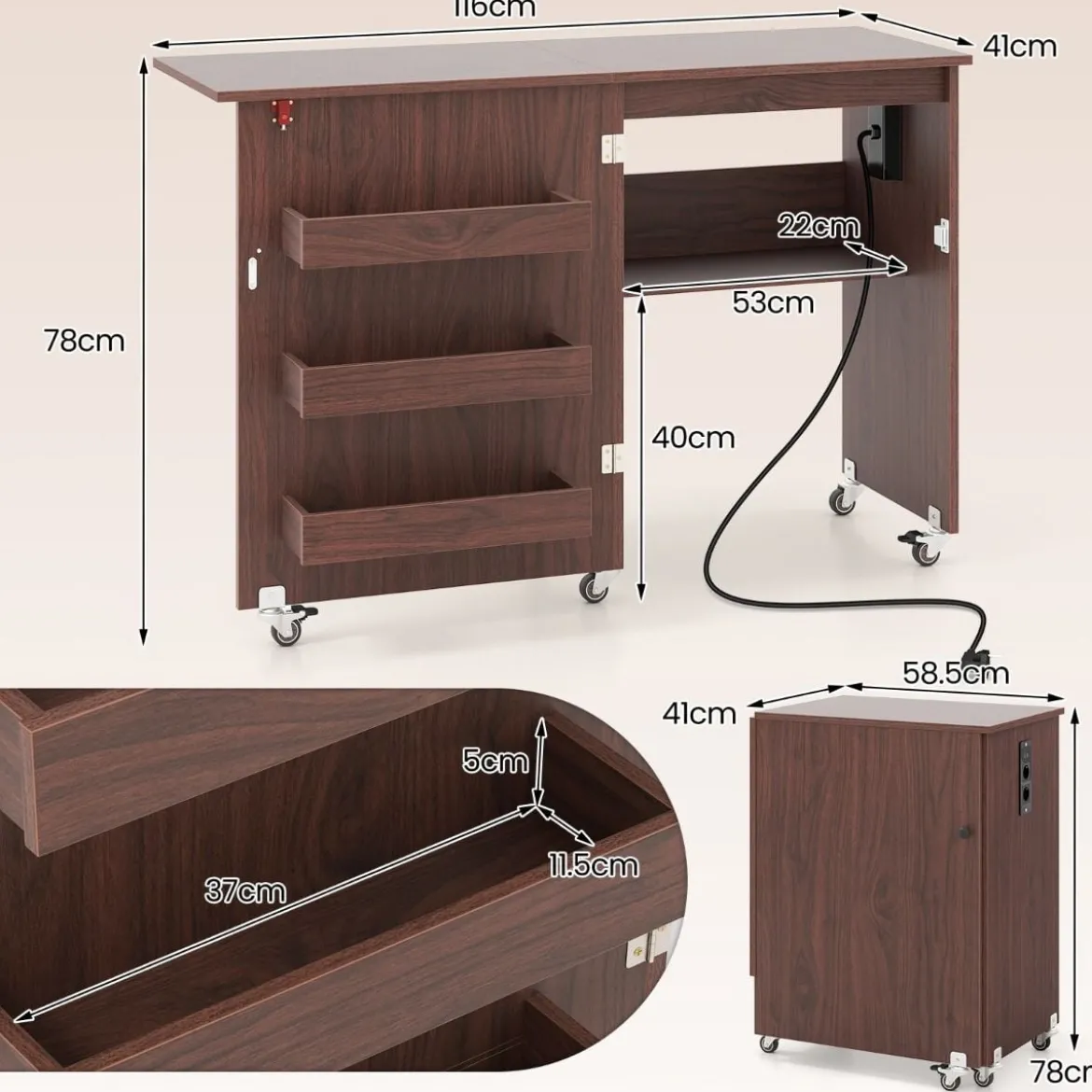 2 in 1 Klappbarer Nähtisch mit Ladestation & Regalen Nähmaschinenschrank Nähschrank Kaffee