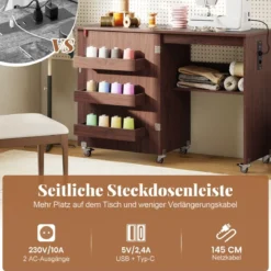 2 in 1 Klappbarer Nähtisch mit Ladestation & Regalen Nähmaschinenschrank Nähschrank Kaffee