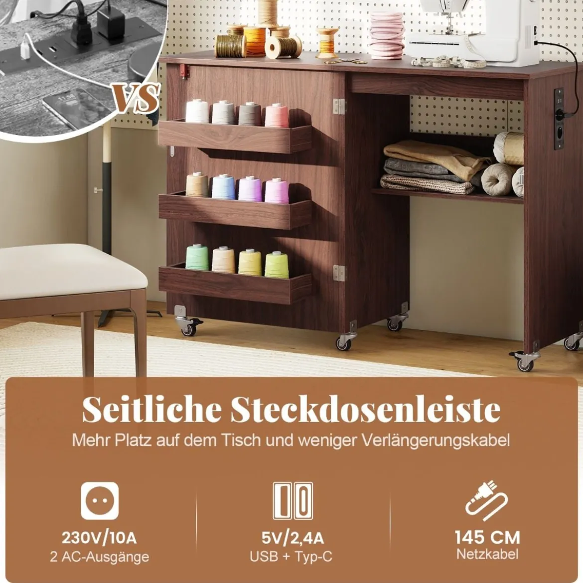 2 in 1 Klappbarer Nähtisch mit Ladestation & Regalen Nähmaschinenschrank Nähschrank Kaffee