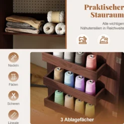 2 in 1 Klappbarer Nähtisch mit Ladestation & Regalen Nähmaschinenschrank Nähschrank Kaffee