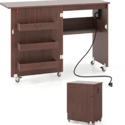 2 in 1 Klappbarer Nähtisch mit Ladestation & Regalen Nähmaschinenschrank Nähschrank Kaffee