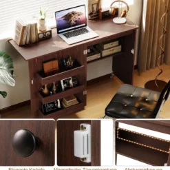 2 in 1 Klappbarer Nähtisch mit Ladestation & Regalen Nähmaschinenschrank Nähschrank Kaffee