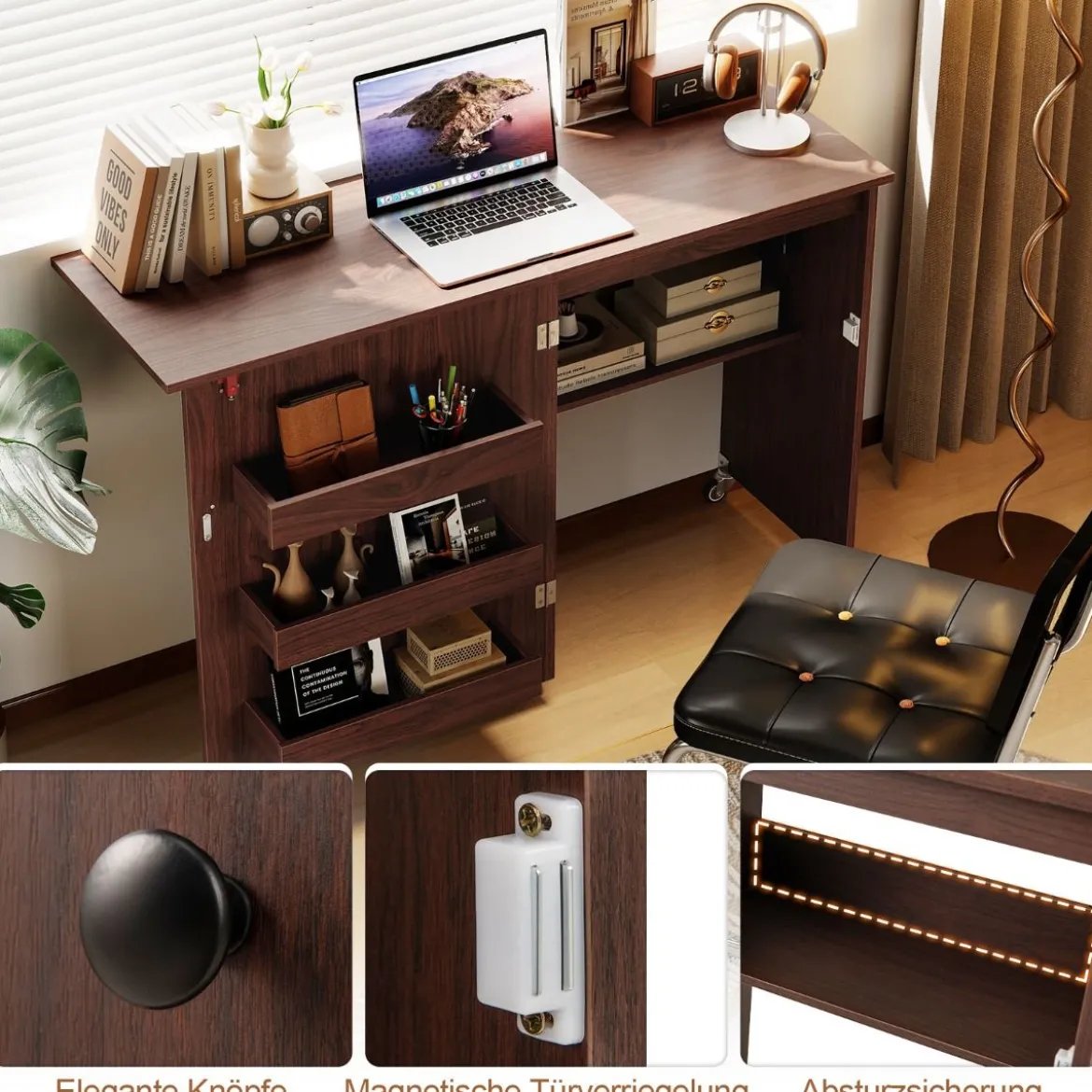 2 in 1 Klappbarer Nähtisch mit Ladestation & Regalen Nähmaschinenschrank Nähschrank Kaffee