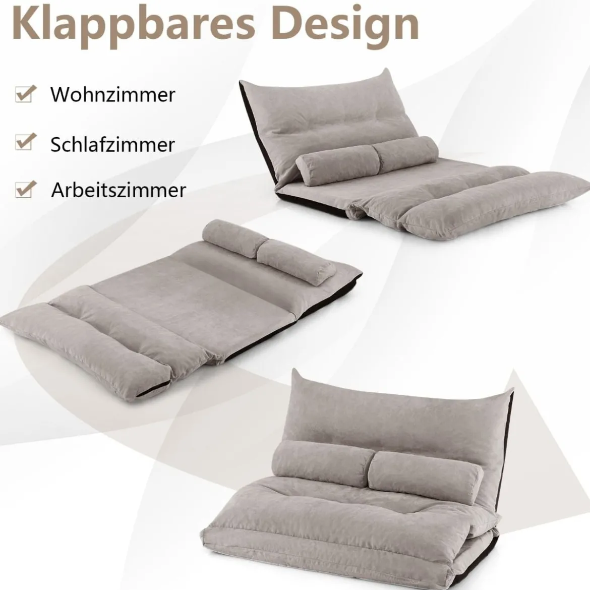 3 in 1 Klappbares Bodensofa mit Schlaffunktion & Verstellbarer Rückenlehne Grau