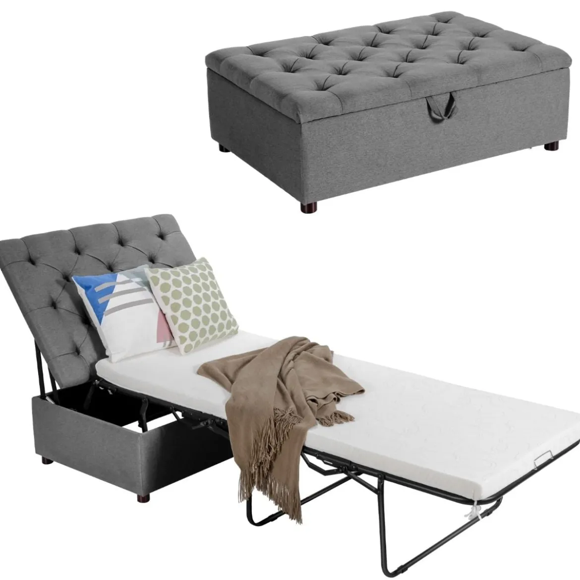 2 in 1 Klappbares Gästebett & Ottomanen mit Matratze Schlafsessel mit Bettfunktion Grau