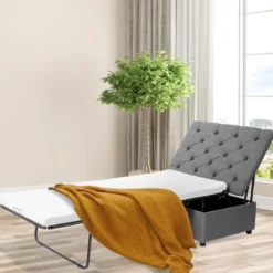 2 in 1 Klappbares Gästebett & Ottomanen mit Matratze Schlafsessel mit Bettfunktion Grau