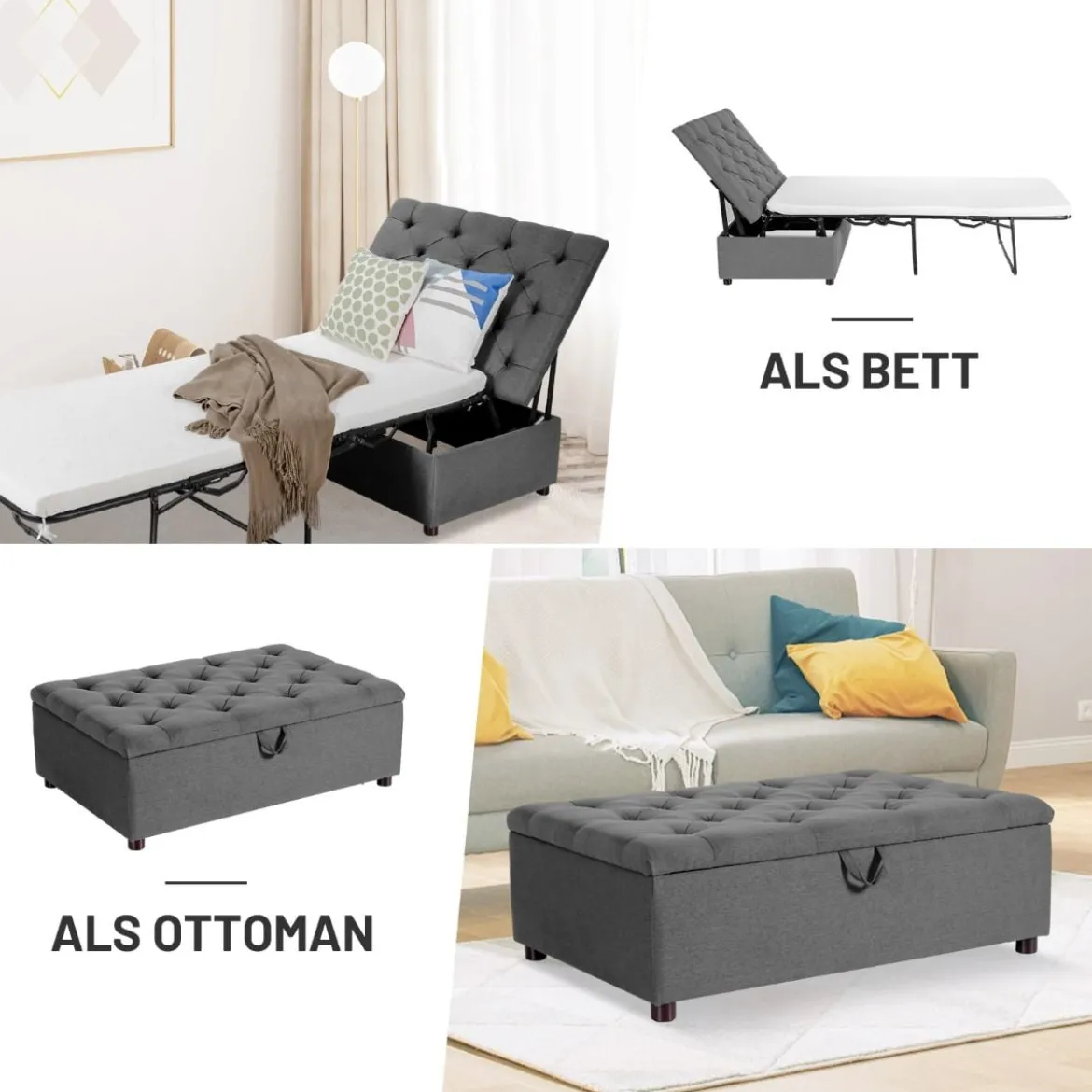 2 in 1 Klappbares Gästebett & Ottomanen mit Matratze Schlafsessel mit Bettfunktion Grau