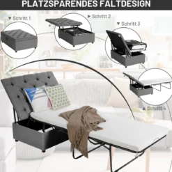 2 in 1 Klappbares Gästebett & Ottomanen mit Matratze Schlafsessel mit Bettfunktion Grau