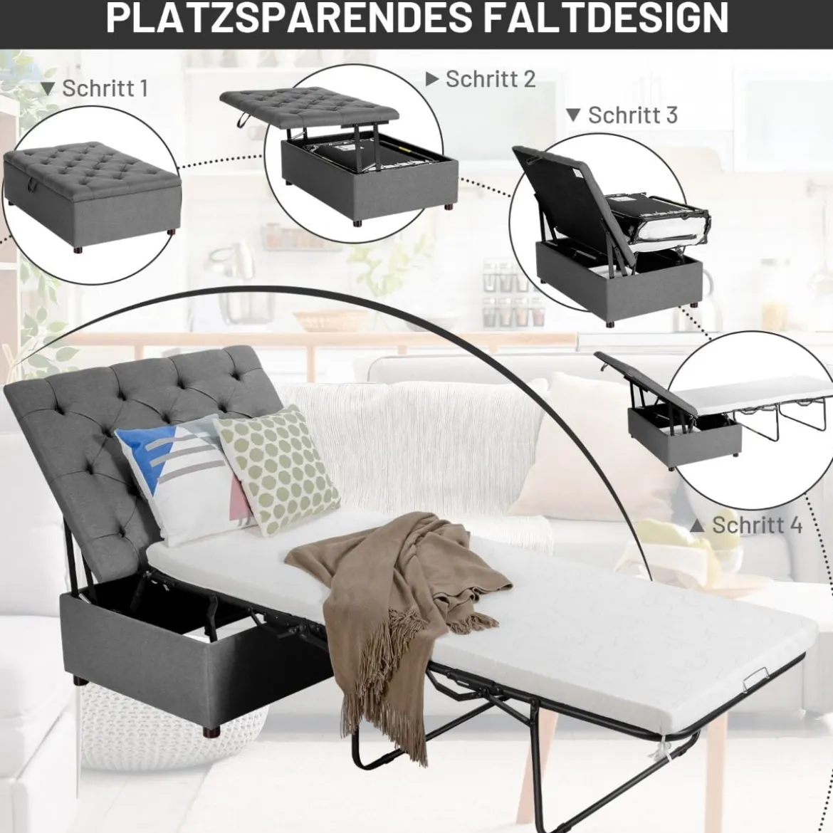 2 in 1 Klappbares Gästebett & Ottomanen mit Matratze Schlafsessel mit Bettfunktion Grau