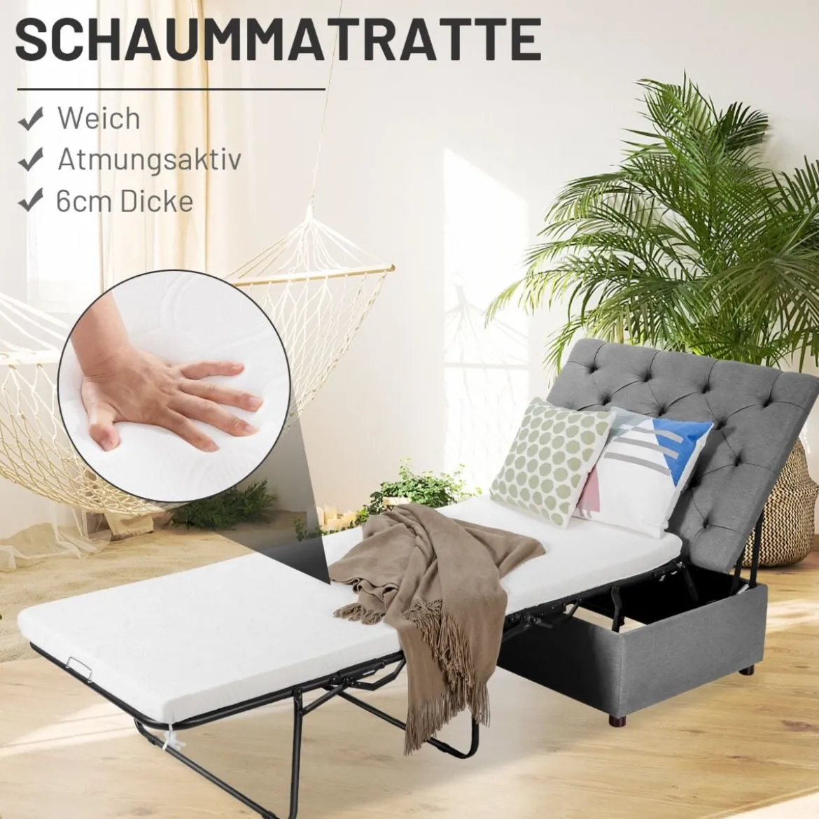 2 in 1 Klappbares Gästebett & Ottomanen mit Matratze Schlafsessel mit Bettfunktion Grau