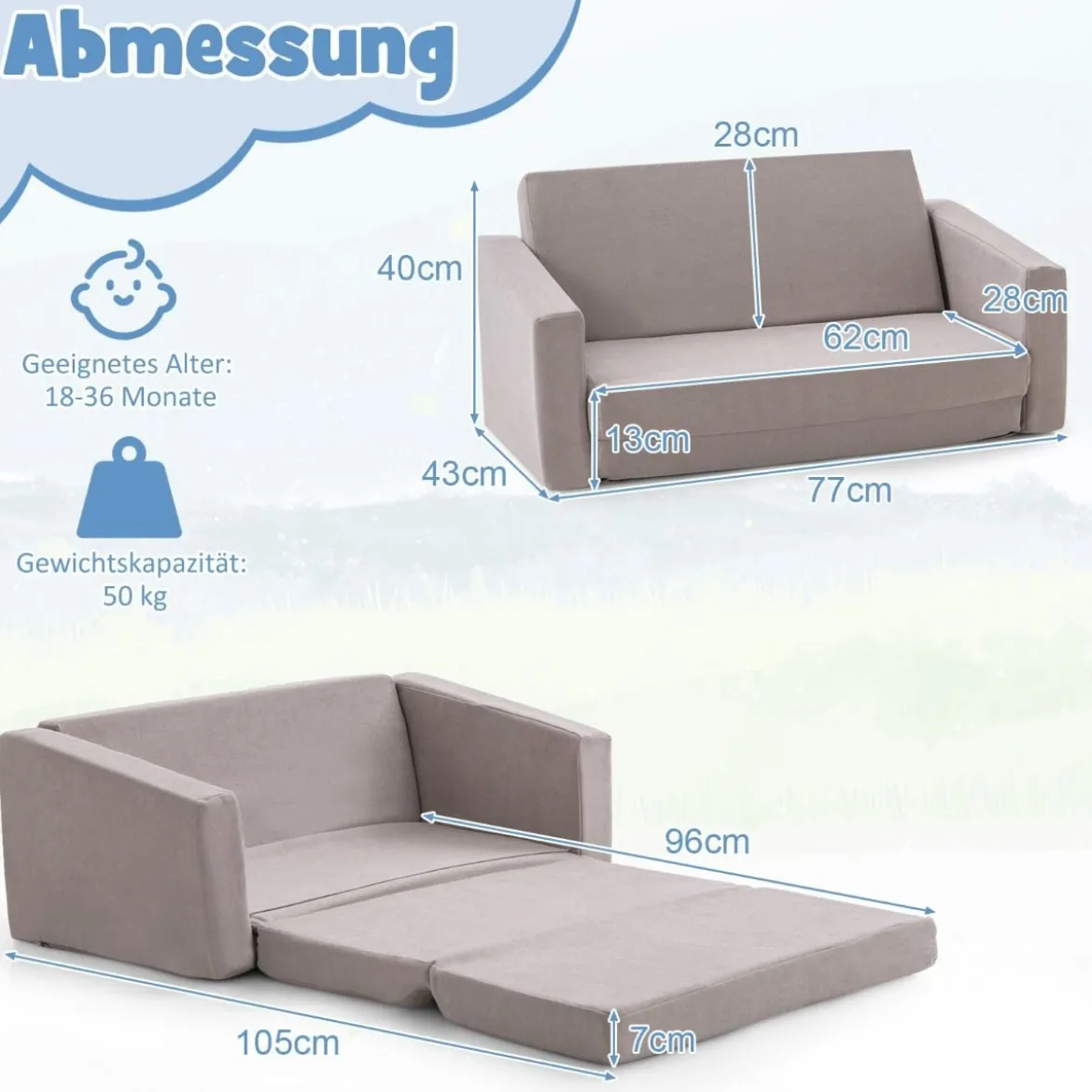 2 in 1 Klappbares Kindersofa mit Samtstoff Gepolsterter Kindersessel 77 x 43 x 40 cm Dunkelgrau