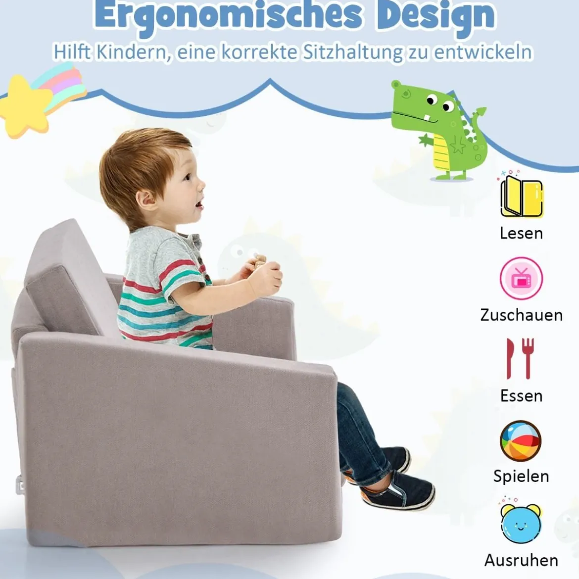 2 in 1 Klappbares Kindersofa mit Samtstoff Gepolsterter Kindersessel 77 x 43 x 40 cm Dunkelgrau