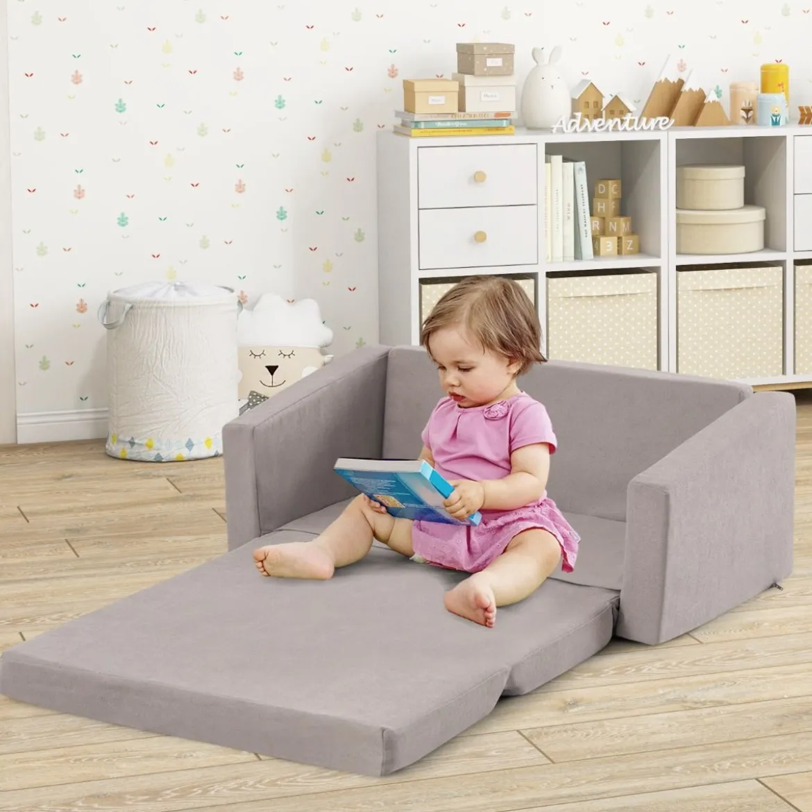 2 in 1 Klappbares Kindersofa mit Samtstoff Gepolsterter Kindersessel 77 x 43 x 40 cm Dunkelgrau