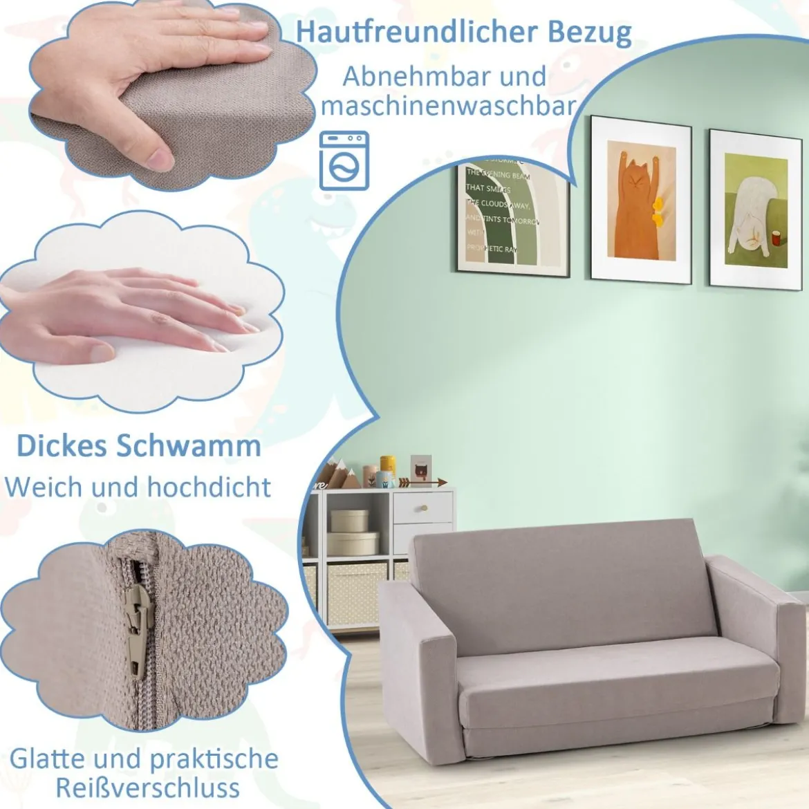 2 in 1 Klappbares Kindersofa mit Samtstoff Gepolsterter Kindersessel 77 x 43 x 40 cm Dunkelgrau