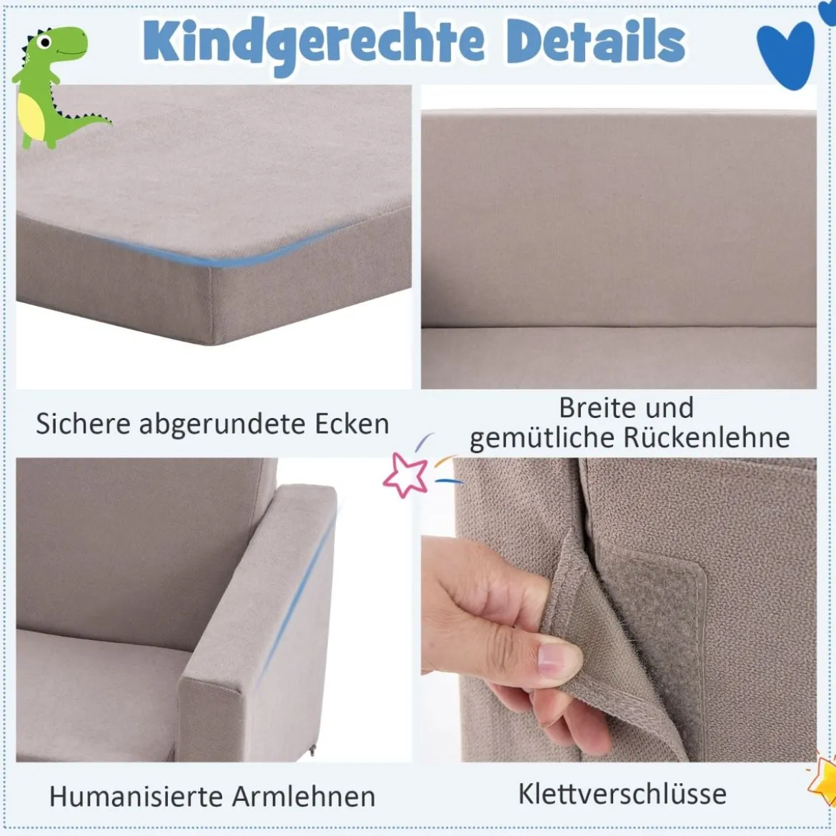 2 in 1 Klappbares Kindersofa mit Samtstoff Gepolsterter Kindersessel 77 x 43 x 40 cm Dunkelgrau