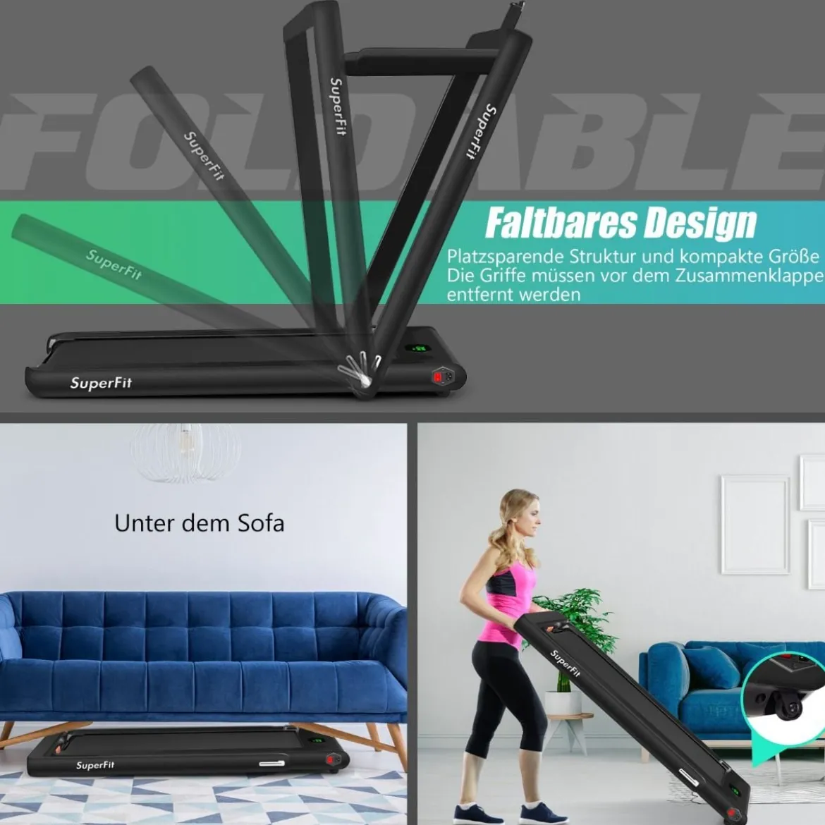 2 in 1 Klappbares Laufband 2,25 HP Tragbares Elektrisches Laufband
