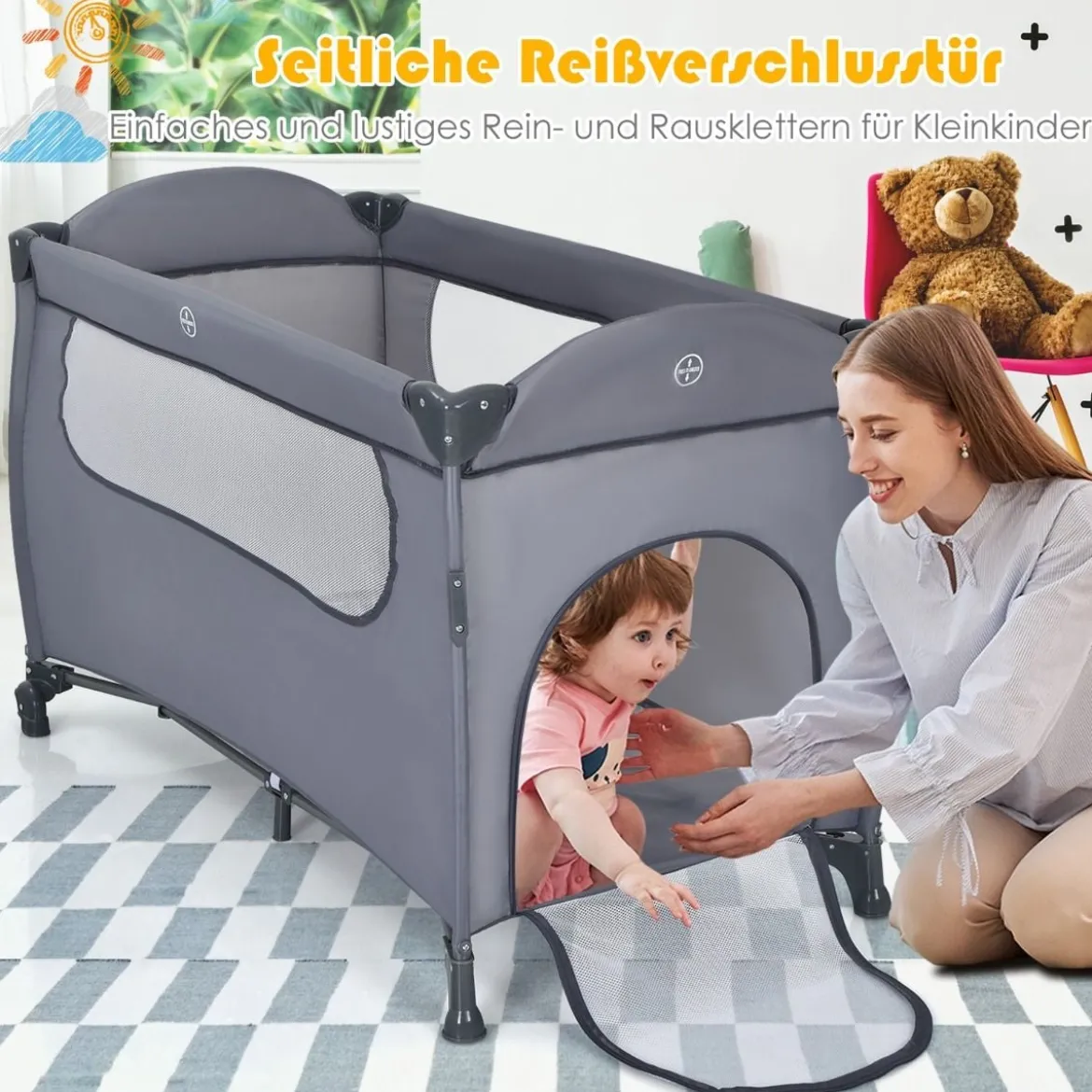 3 in 1 klappbares Reisebett & Wickeltisch & Laufstall 120 x 60cm Kinderbett 2 Ebenen Babybett inkl. Wickelauflage