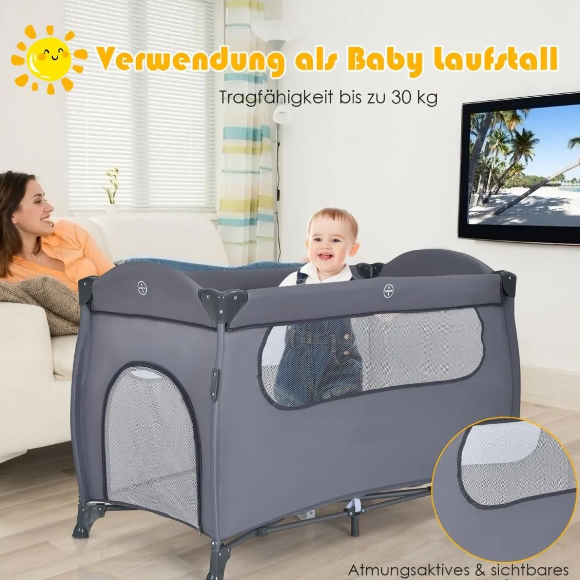 3 in 1 klappbares Reisebett & Wickeltisch & Laufstall 120 x 60cm Kinderbett 2 Ebenen Babybett inkl. Wickelauflage