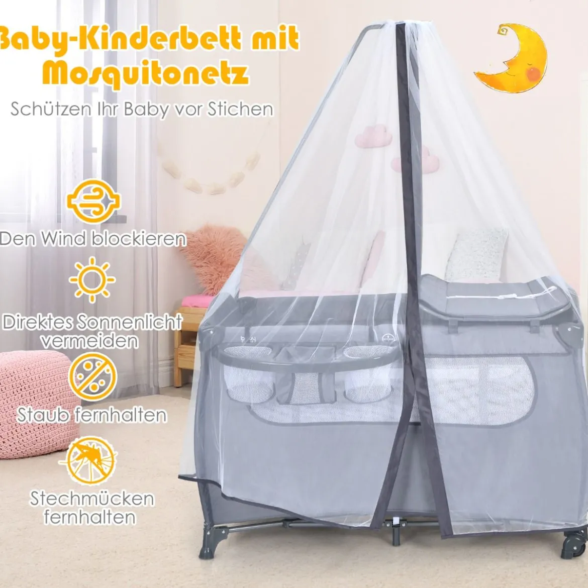 3 in 1 klappbares Reisebett & Wickeltisch & Laufstall 120 x 60cm Kinderbett 2 Ebenen Babybett inkl. Wickelauflage