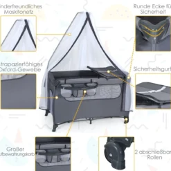 3 in 1 klappbares Reisebett & Wickeltisch & Laufstall 120 x 60cm Kinderbett 2 Ebenen Babybett inkl. Wickelauflage