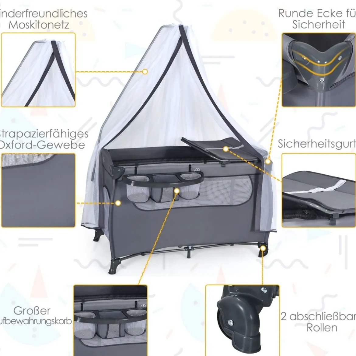3 in 1 klappbares Reisebett & Wickeltisch & Laufstall 120 x 60cm Kinderbett 2 Ebenen Babybett inkl. Wickelauflage