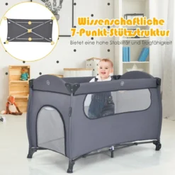 3 in 1 klappbares Reisebett & Wickeltisch & Laufstall 120 x 60cm Kinderbett 2 Ebenen Babybett inkl. Wickelauflage