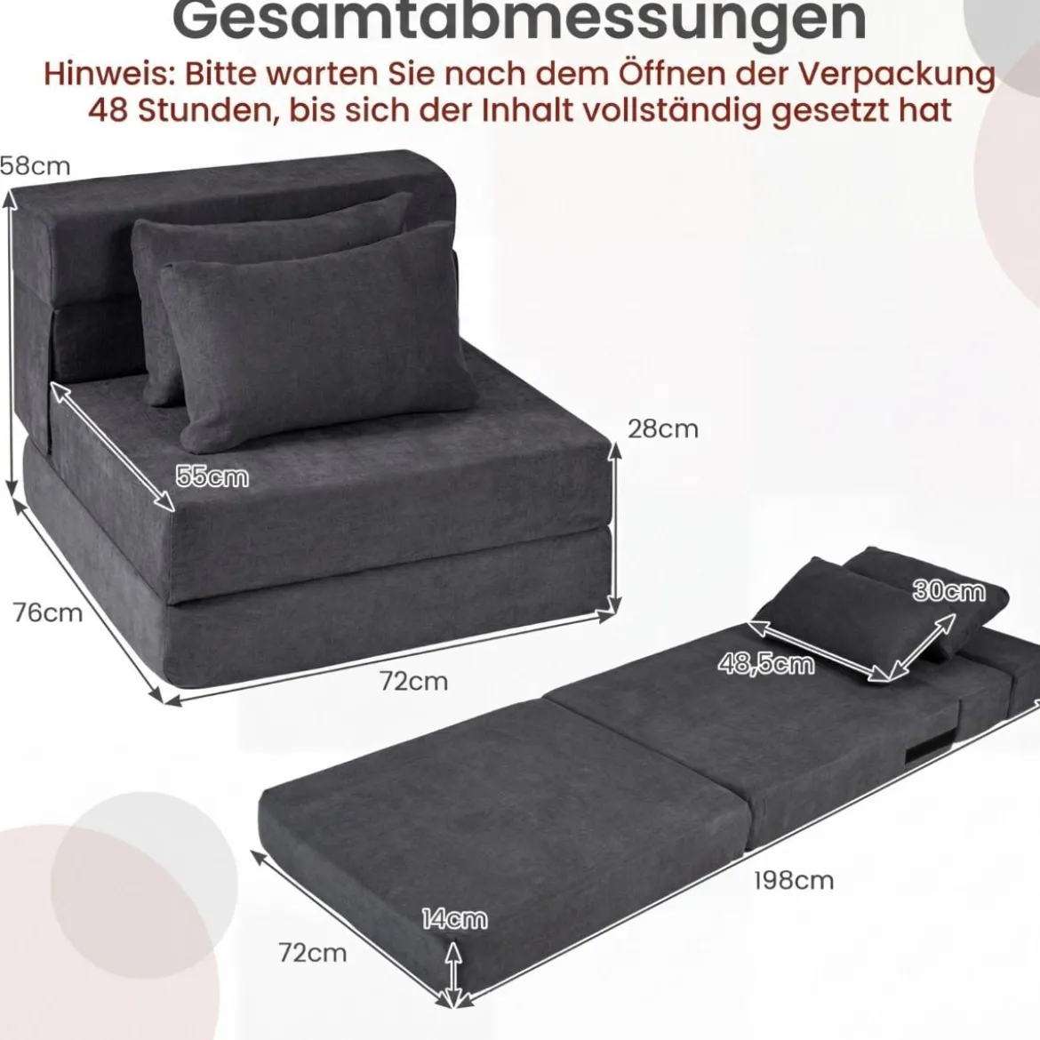 3 In 1 Klappbares Schlafsofa Chenille Mit 2 Kissen für Wohnzimmer Schlafzimmer Home Office Grau