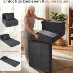 3 In 1 Klappbares Schlafsofa Chenille Mit 2 Kissen für Wohnzimmer Schlafzimmer Home Office Grau