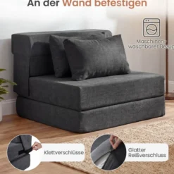 3 In 1 Klappbares Schlafsofa Chenille Mit 2 Kissen für Wohnzimmer Schlafzimmer Home Office Grau