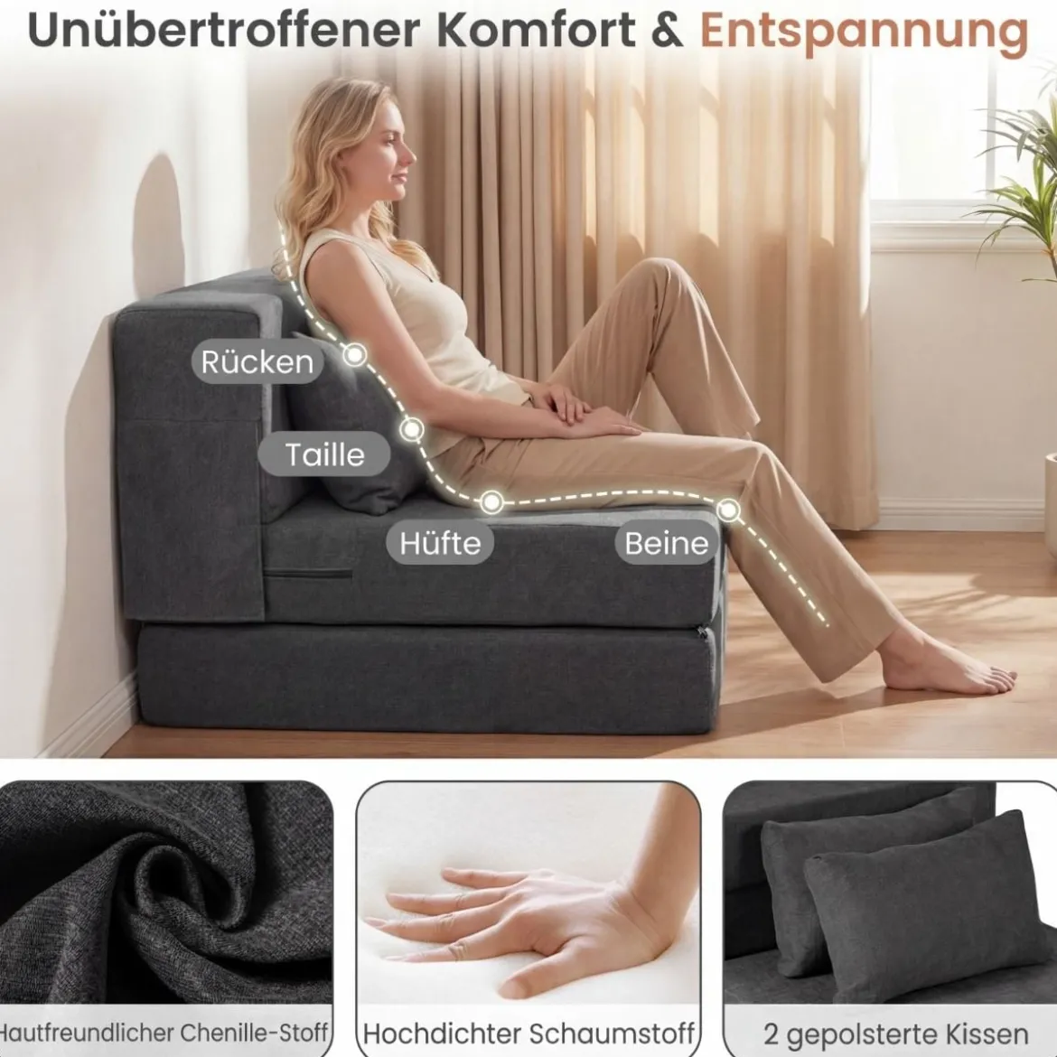 3 In 1 Klappbares Schlafsofa Chenille Mit 2 Kissen für Wohnzimmer Schlafzimmer Home Office Grau