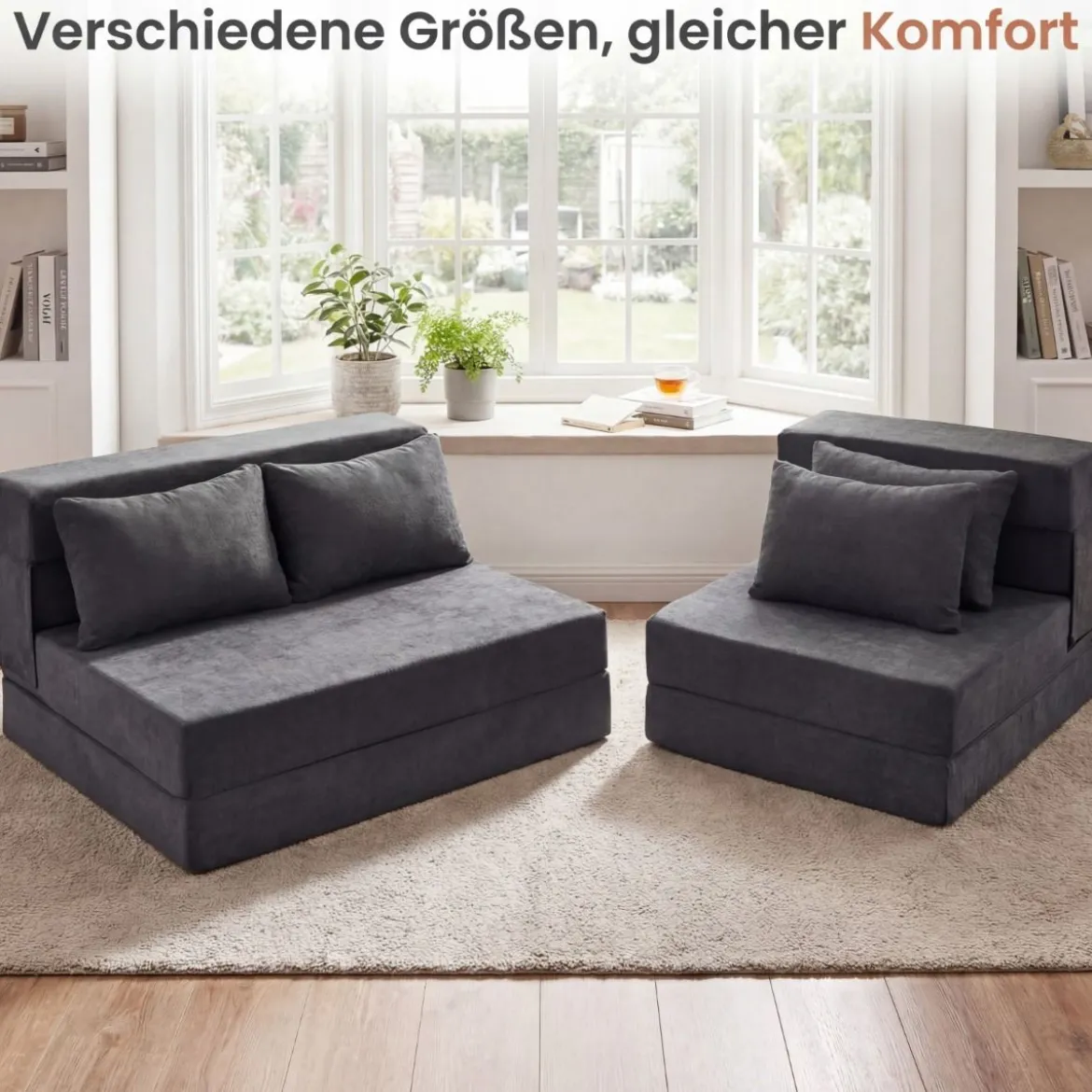 3 In 1 Klappbares Schlafsofa Chenille Mit 2 Kissen für Wohnzimmer Schlafzimmer Home Office Grau