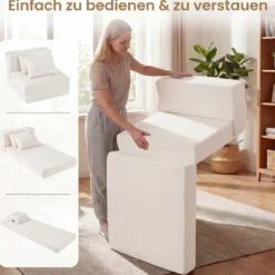 3 In 1 Klappbares Schlafsofa Chenille Mit 2 Kissen für Wohnzimmer Schlafzimmer Home Office Beige