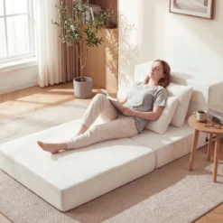 3 In 1 Klappbares Schlafsofa Chenille Mit 2 Kissen für Wohnzimmer Schlafzimmer Home Office Beige