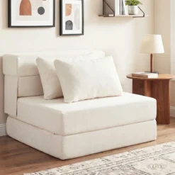 3 In 1 Klappbares Schlafsofa Chenille Mit 2 Kissen für Wohnzimmer Schlafzimmer Home Office Beige
