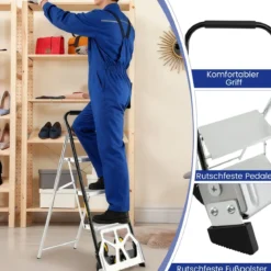 2-in-1 Klappkarre & Leiter Aluminium 3-Stufen Hocker mit rutschfesten Pedalen Schwerlast tragbarer Sackkarren Silber